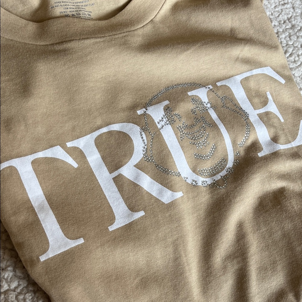 True Religion Beige Tee with Bling Buddha Logo